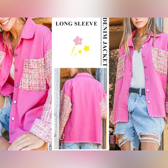 EUC And The Why Pink Tweed Raw Hem Drop Shoulder Denim Shacket Jacket - Size 8 - Picture 2 of 10